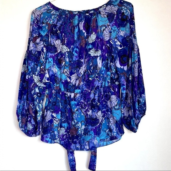Rebecca Taylor Sz 6 Silk Top Blouse Abstract Floral Boho 3/4 Sleeve Peasant - Picture 2 of 16